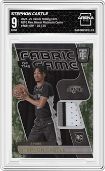Stephon Castle from the 2024-25 Panini Totally Certified set featuring a Mirror Platinum Camo  parallel graded by Arena Club and given an overall grade of 9.