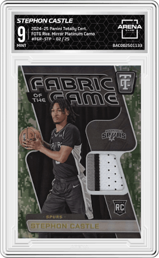 Stephon Castle from the 2024-25 Panini Totally Certified set featuring a Mirror Platinum Camo  parallel graded by Arena Club and given an overall grade of 9.