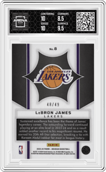 Lebron James from the 2023-24 Panini Obsidian set featuring a  Electric Etch Purple Flood  parallel graded by Arena Club and given an overall grade of 9.