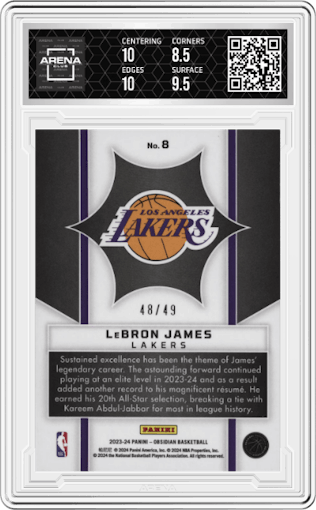 Lebron James from the 2023-24 Panini Obsidian set featuring a  Electric Etch Purple Flood  parallel graded by Arena Club and given an overall grade of 9.