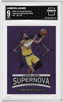 Lebron James from the 2023-24 Panini Obsidian set featuring a  Electric Etch Purple Flood  parallel graded by Arena Club and given an overall grade of 9.