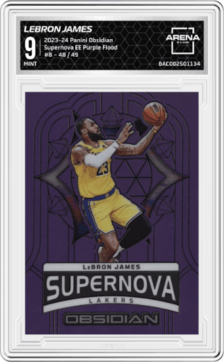 Lebron James from the 2023-24 Panini Obsidian set featuring a  Electric Etch Purple Flood  parallel graded by Arena Club and given an overall grade of 9.