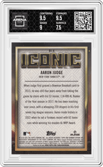 Aaron Judge from the 2023 Bowman Chrome set graded by Arena Club and given an overall grade of 8.
