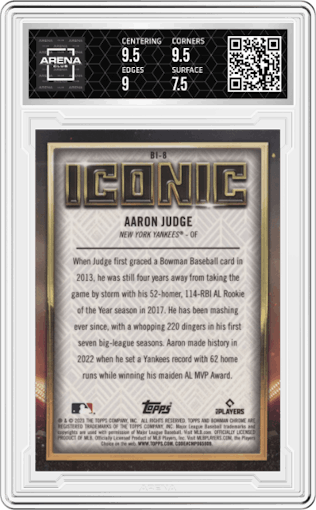 Aaron Judge from the 2023 Bowman Chrome set graded by Arena Club and given an overall grade of 8.