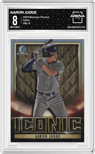 Aaron Judge from the 2023 Bowman Chrome set graded by Arena Club and given an overall grade of 8.