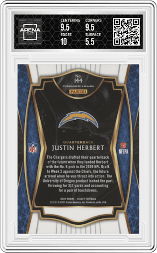Justin Herbert from the 2020 Panini Select set graded by Arena Club and given an overall grade of 6.