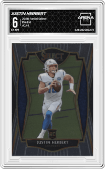 Justin Herbert from the 2020 Panini Select set graded by Arena Club and given an overall grade of 6.
