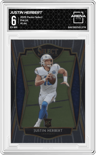 Justin Herbert from the 2020 Panini Select set graded by Arena Club and given an overall grade of 6.