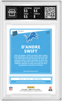 D'Andre Swift from the 2020 Panini Donruss Optic set featuring a Hyper Blue  parallel graded by Arena Club and given an overall grade of 9.5.