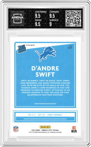 D'Andre Swift from the 2020 Panini Donruss Optic set featuring a Hyper Blue  parallel graded by Arena Club and given an overall grade of 9.5.