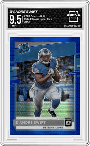D'Andre Swift from the 2020 Panini Donruss Optic set featuring a Hyper Blue  parallel graded by Arena Club and given an overall grade of 9.5.