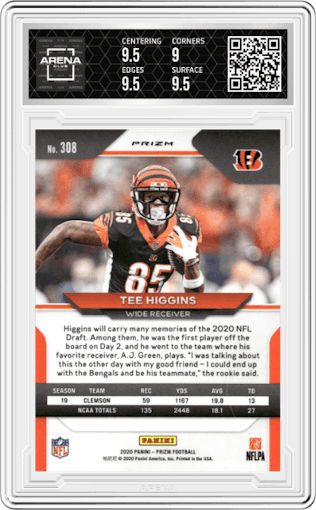 Tee Higgins from the 2020 Panini Prizm set featuring a Disco parallel graded by Arena Club and given an overall grade of 9.5.