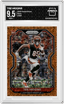 Tee Higgins from the 2020 Panini Prizm set featuring a Disco parallel graded by Arena Club and given an overall grade of 9.5.
