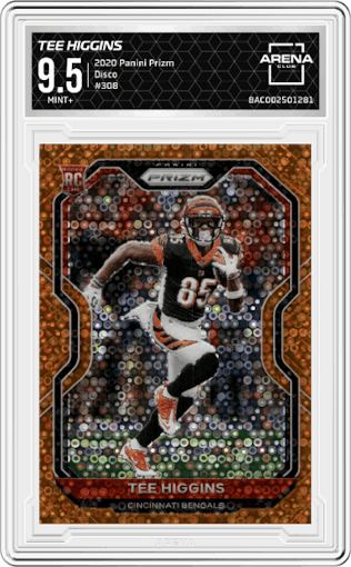 Tee Higgins from the 2020 Panini Prizm set featuring a Disco parallel graded by Arena Club and given an overall grade of 9.5.
