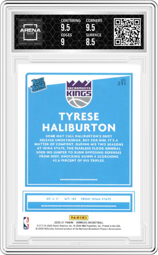 Tyrese Haliburton from the 2020-21 Panini Donruss set graded by Arena Club and given an overall grade of 9.