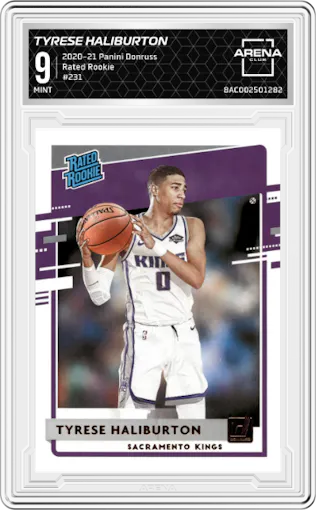 Tyrese Haliburton from the 2020-21 Panini Donruss set graded by Arena Club and given an overall grade of 9.