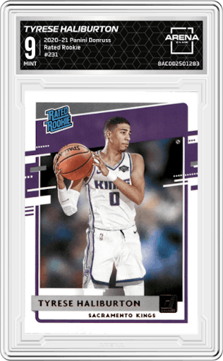 Tyrese Haliburton from the 2020-21 Panini Donruss set graded by Arena Club and given an overall grade of 9.
