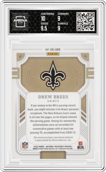 Drew Brees from the 2022 Panini National Treasures set graded by Arena Club and given an overall grade of 9.5.