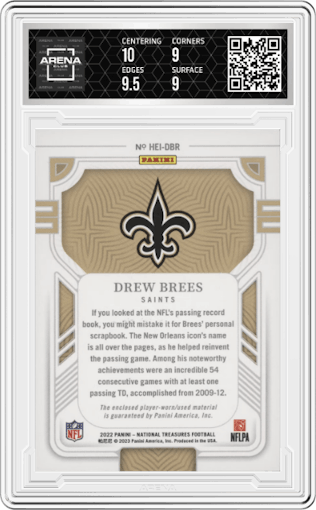 Drew Brees from the 2022 Panini National Treasures set graded by Arena Club and given an overall grade of 9.5.