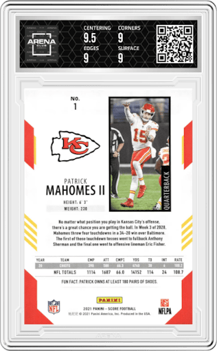 Patrick Mahomes II from the 2021 Panini Score set graded by Arena Club and given an overall grade of 9.