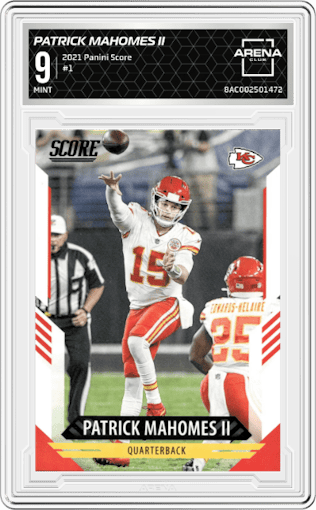 Patrick Mahomes II from the 2021 Panini Score set graded by Arena Club and given an overall grade of 9.