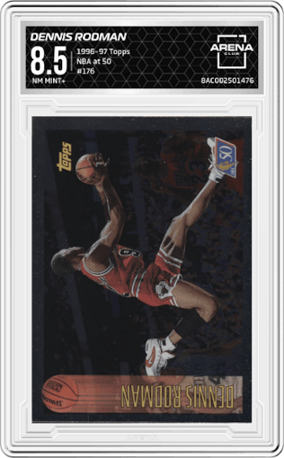 Dennis Rodman from the 1996-97 Topps set featuring a NBA at 50 parallel graded by Arena Club and given an overall grade of 8.5.