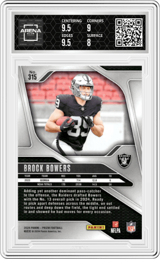 Brock Bowers from the 2024 Panini Prizm set graded by Arena Club and given an overall grade of 8.5.