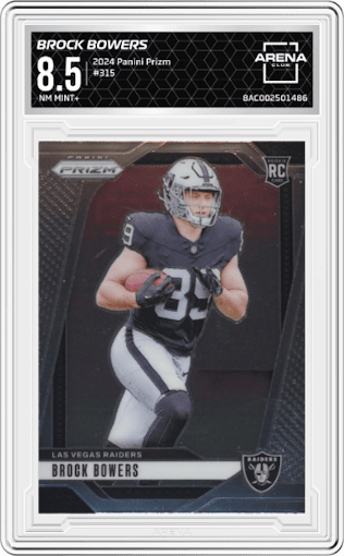 Brock Bowers from the 2024 Panini Prizm set graded by Arena Club and given an overall grade of 8.5.