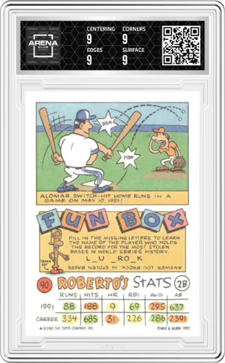 Roberto Alomar from the 1992 Topps Kids set featuring a Variation parallel graded by Arena Club and given an overall grade of 9.