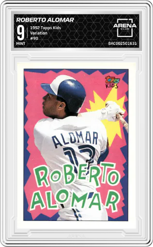 Roberto Alomar from the 1992 Topps Kids set featuring a Variation parallel graded by Arena Club and given an overall grade of 9.