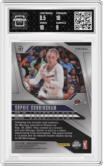 Sophie Cunningham from the 2024 Panini Prizm WNBA set featuring a Green Prizm parallel graded by Arena Club and given an overall grade of 9.