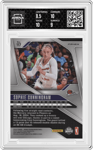 Sophie Cunningham from the 2024 Panini Prizm WNBA set featuring a Green Prizm parallel graded by Arena Club and given an overall grade of 9.