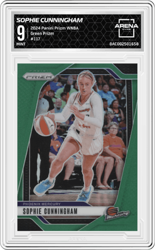 Sophie Cunningham from the 2024 Panini Prizm WNBA set featuring a Green Prizm parallel graded by Arena Club and given an overall grade of 9.