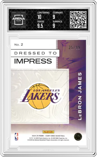 LeBron James from the 2024-25 Panini Court Kings set featuring a Amber parallel graded by Arena Club and given an overall grade of 9.5.