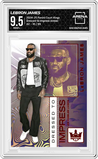 LeBron James from the 2024-25 Panini Court Kings set featuring a Amber parallel graded by Arena Club and given an overall grade of 9.5.