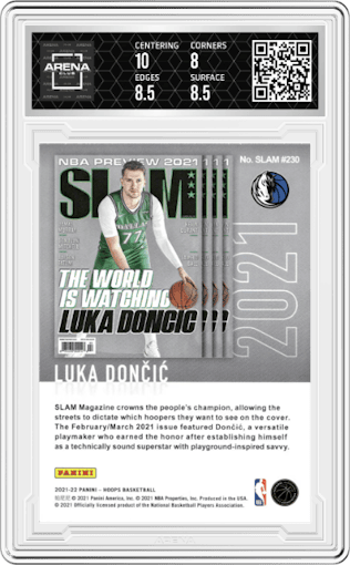 Luka Doncic from the 2021-22 Panini NBA Hoops set graded by Arena Club and given an overall grade of 8.5.