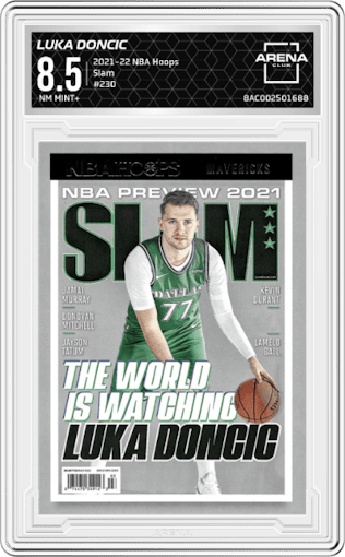 Luka Doncic from the 2021-22 Panini NBA Hoops set graded by Arena Club and given an overall grade of 8.5.