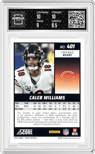 Caleb Williams from the 2024 Panini Score set graded by Arena Club and given an overall grade of 9.