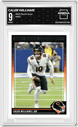 Caleb Williams from the 2024 Panini Score set graded by Arena Club and given an overall grade of 9.