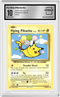 Flying Pikachu from the 2016 Pokemon XY set graded by Arena Club and given an overall grade of 10.