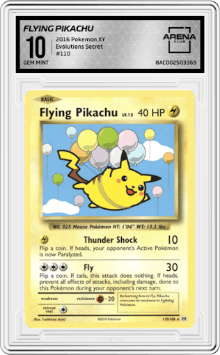 Flying Pikachu from the 2016 Pokemon XY set graded by Arena Club and given an overall grade of 10.