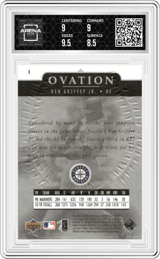 Ken Griffey Jr. from the 1999 Upper Deck Ovation set graded by Arena Club and given an overall grade of 9.