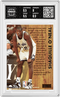 Shaquille O'Neal from the 1993-94 Fleer Ultra set graded by Arena Club and given an overall grade of 8.5.