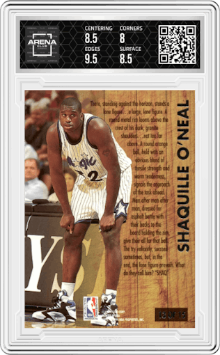 Shaquille O'Neal from the 1993-94 Fleer Ultra set graded by Arena Club and given an overall grade of 8.5.