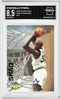 Shaquille O'Neal from the 1993-94 Fleer Ultra set graded by Arena Club and given an overall grade of 8.5.