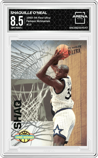 Shaquille O'Neal from the 1993-94 Fleer Ultra set graded by Arena Club and given an overall grade of 8.5.