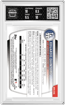 Eduardo Quintero from the 2025 Bowman set featuring a Green parallel graded by Arena Club and given an overall grade of 9.