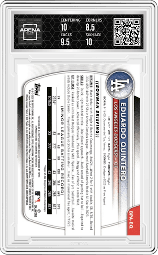 Eduardo Quintero from the 2025 Bowman set featuring a Green parallel graded by Arena Club and given an overall grade of 9.