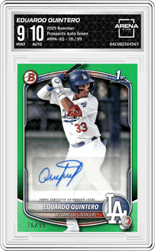 Eduardo Quintero from the 2025 Bowman set featuring a Green parallel graded by Arena Club and given an overall grade of 9.