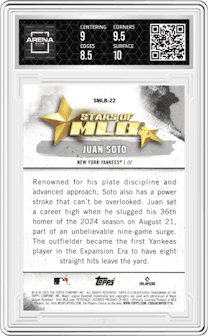Juan Soto from the 2025 Topps set graded by Arena Club and given an overall grade of 9.